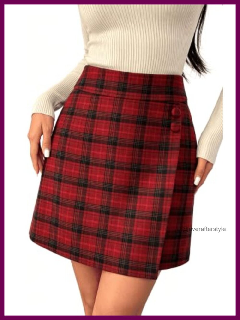 Plaid Mini Skirt with Pockets Button Decor Wrap Hem A-Line
